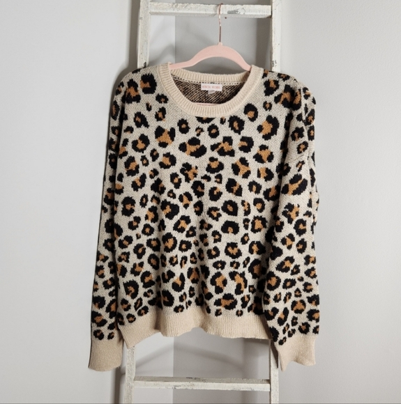 Knox Rose Sweaters - Knox Rose Sweater womens XL cream black animal print ribbed hem